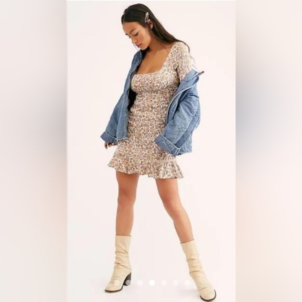 Free People Floral Long Sleeve Dress - Cream and Brown